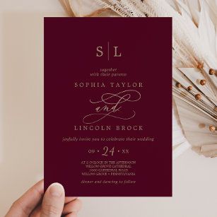 Burgundy And Gold Wedding, Green Calligraphy, Bohemian Autumn, Calligraphy Monogram, Navy And Burgundy Wedding, Popular Wedding Invitations, Wedding Announcement Cards, Wedding Simple, Monogram Wedding Invitations