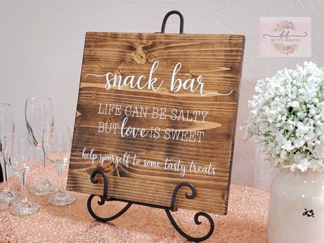 Snack Bar Sign/Life can be salty/But love is sweet/Wedding Snack Sign/Wood Wedding Sign/Wedding Party Favor Sign/Wedding Sweets Sign/ Wedding Snack Bar Sign  Life can be salty but love is sweet Spruce Pine Wood 2 sizes and 4 wood stain color choices For any personalized requests please contact us  Purchase does NOT include glasses, flowers or easel Love Is Wedding Signs, Wedding Sweet And Salty Bar, Bars At Weddings Reception, Wedding Snack Table Sign, Snack Bar Wedding Receptions, Snack Table Wedding, Wedding Snack Table, Wedding Snack Bar Ideas, Wedding Table Snacks