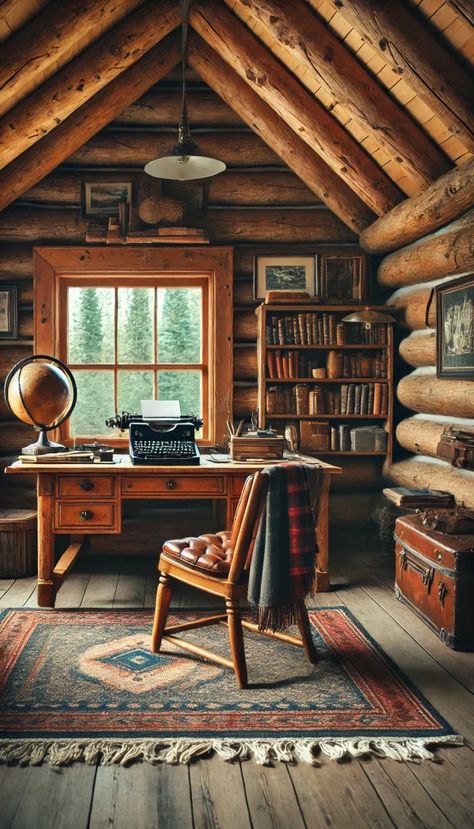 Log Cabin Decorating Ideas, Log Cabin Decorating, Log Cabin Loft, Cabin Decorating Ideas, Cabin Guest Room, Vintage Cabin Decor, Cabin Decorating, Cabin Office, Log Cabin Living