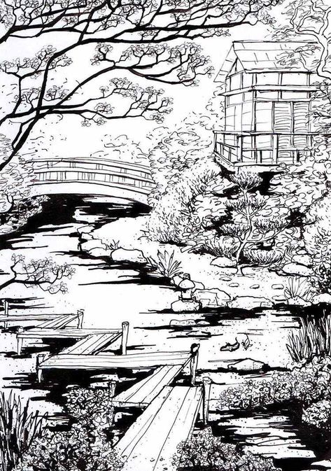 Garden Landscape Drawing, Nature Drawing Pencil, Japanese Architecture Drawings, Pixie Haircuts For Thick Hair, Drawing Japanese, Japan Nature, Japanese Background, Japanese Garden Landscape, Japanese Village