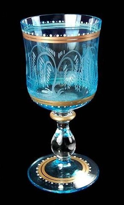 RARE BOHEMIAN BLUE ENGRAVED ENAMEL& GOLD GLASS GOBLET! (05/16/2010) Bohemia Glass, Mason Jar Wine Glass, Gold Glass, Gold Enamel, Wine Glass, Mason Jars, Porcelain, Tableware, Crystals