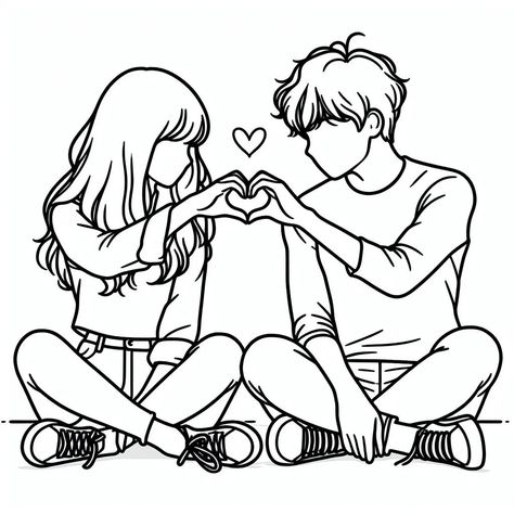 Childhood Couple, Cute Coloring Pages For Couples, Couples Drawings, Cute Love Sketches Couples Drawing Ideas, Drawings Of Couples, Couple Digital Art Illustration, Coloring Pages Couples, Couple Drawing Poses, Couples Coloring Pages