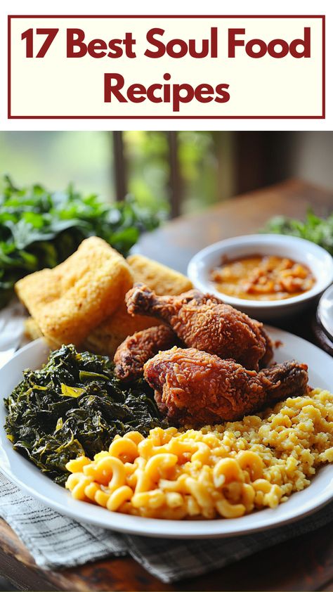 Plate of classic soul food dishes, including fried chicken, mac and cheese, collard greens, and cornbread, showcasing the richness and tradition of Southern cuisine. Southern Dinners Soul Food, Soul Food Dinner Recipes For Family, Southern Soulfood Recipes, Southern Dishes Dinners, Soul Food Thanksgiving Dinner Ideas, Southern Favorite Recipes, Soul Food Recipes African American Mac And Cheese, Traditional American Food Recipes, Korean Soul Food