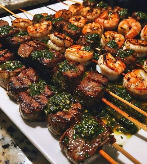 Delicious Cooking and recipes Surf And Turf Skewers, Surf N Turf Recipes, Lobster Pasta Recipe, Chimichurri Recipe, Surf Turf, Skewers Grill, Surf And Turf, Paleo Beef, Beef Sirloin