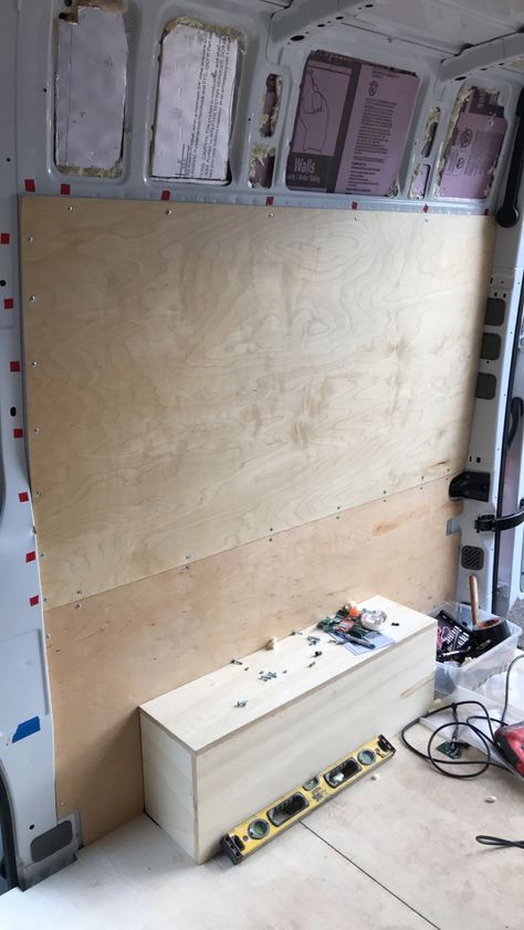 Van Partition Wall, Plywood Van Interior, Panel Van Conversion, Camper Walls, Van Insulation Diy, Van Build Walls, Van Conversion Walls, Self Build Campervan Interior, Van Walls