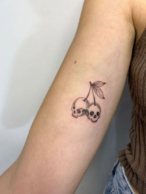 #tattoo #cherry #skulltattoos #aesthetic #fineline#TattoosBetweenBreast #TattoosBehindEar #TattoosBack #TattoosButterfly #TattoosBehindEarForWomen #TattoosCute #TattoosChristian #TattoosChest # Edgy Mini Tattoos, Tattoos For Goths, Small Tattoo Alternative, Skull Tattoos Cute, Edgy Minimalist Tattoo, Quick Easy Tattoos, Skull Cherry Tattoo Simple, Cherry Waves Tattoo Deftones, Tattoos Movies Inspired