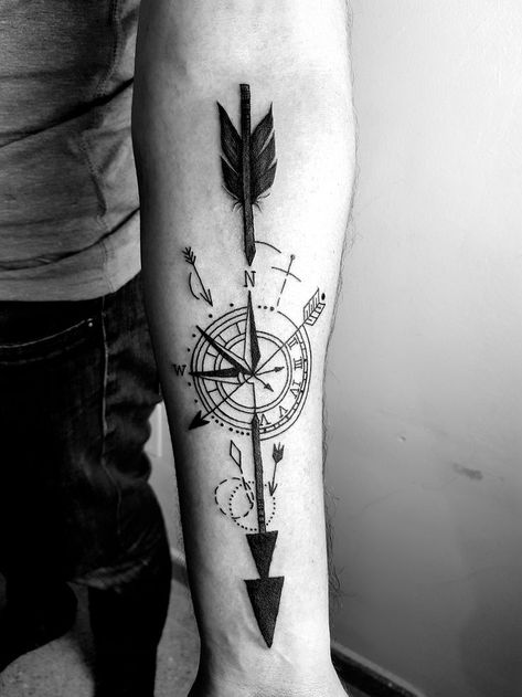 Scandinavia Tattoos, Archery Tattoo, Arm Tattoo Men, Inside Bicep Tattoo, Arrow Compass Tattoo, Arrow Tattoo On Wrist, Tattoo Arrow, Band Tattoos For Men, Scandinavian Tattoo