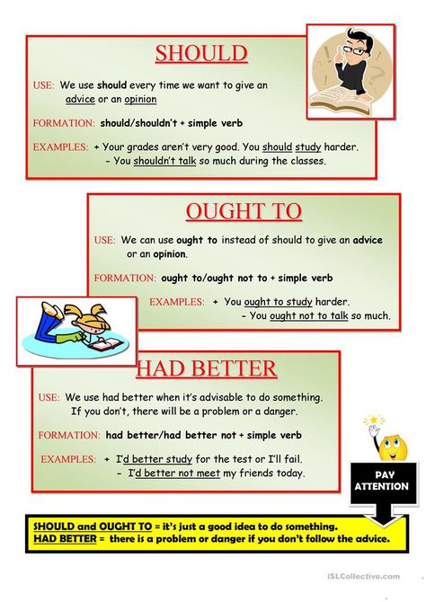 Should, ought to, had better - English ESL Worksheets for distance learning and physical classrooms Good Grammar, Better English, Teaching English Grammar, English Verbs, Learn English Grammar, English Fun, English Language Teaching, English Tips, English Idioms