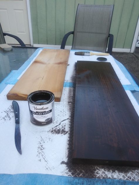 Varathane color Kona. Came out nice like a very dark espresso. Picture of wood on left was before untreated wood and on right stained in color Kona Kona Stain On Oak, Varathane Kona Wood Stain, Garage Steps, Black Wood Stain, Stain On Pine, Dark Walnut Stain, Dark Walnut, Colorful Table, Picture On Wood