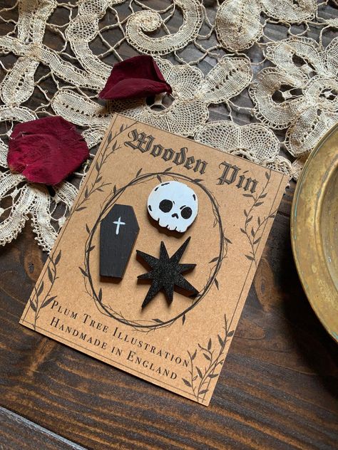 Goth Wooden Pin Set of 3 - Wooden pin | Witch Pin | Goth pin | Halloween pin | Handmade pin | Gothic pin Cute Pin Badges, Spooky Packaging, Laser Cut Pins, Alley Ideas, Spooky Pins, Patches And Pins, Laser Cut Wood Earrings, Laser Cut Wood Crafts, Acrylic Varnish