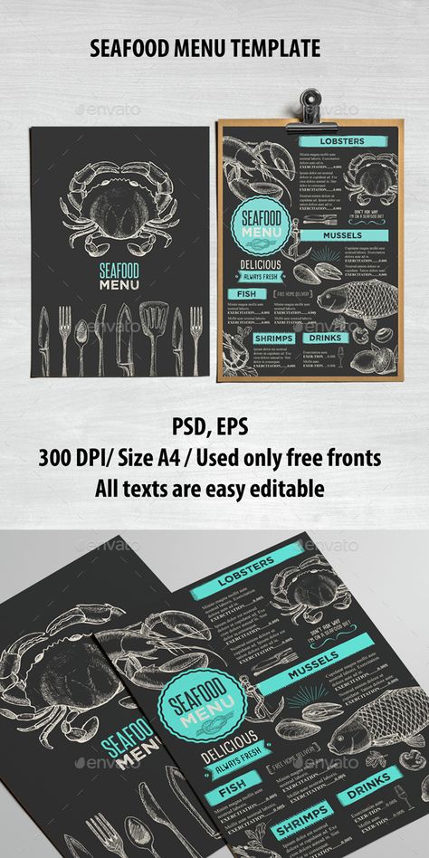 Menu Design Inspiration, Menu Illustration, Seafood Menu, Menue Design, Yummy Seafood, Food Menu Template, Restaurant Menu Template, Menu Inspiration, Menu Printing