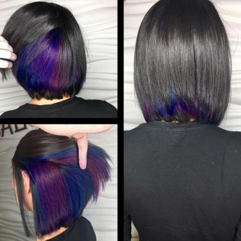 Peekaboo Highlights with Long Bob Haircut Galaxy Highlights, Underlights Hair, Peekaboo Highlights, Galaxy Hair, Hair Color Purple, Haircut And Color, Rainbow Hair, Grunge Hair, Great Hair