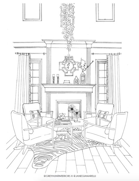 Free adult coloring page printable, interior design adult coloring page, interior design coloring pages living room, free printable coloring pages for adults, free printable coloring sheets Interior Design Coloring Book, Interior Design Coloring Pages, Living Room Drawing, Interior Architecture Sketch, Airplane Interior, Flat Color Palette, Furniture Design Sketches, Drawing Interior, Interior Design Renderings