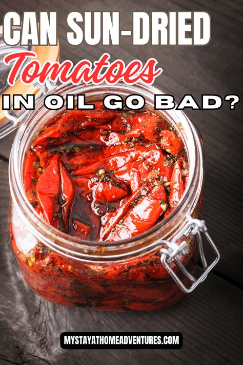 Discover the secret to storing sun-dried tomatoes in oil and keeping them fresh longer. 🍅Learn about the signs of spoilage and how to prevent it. Plus, try out our delicious Sun-Dried Tomato Pesto Pasta recipe! Don't let your tomatoes go to waste! #FoodSafety #SunDriedTomatoes #PestoPasta Sundried Tomatoes In Olive Oil, Canning Sun Dried Tomatoes In Oil, Canning Sun Dried Tomatoes, Diy Sun Dried Tomatoes In Oil, Using Sun Dried Tomatoes, Dried Tomatoes In Oil, Tomato Pesto Pasta, Tomatoes In Oil, Make Sun Dried Tomatoes