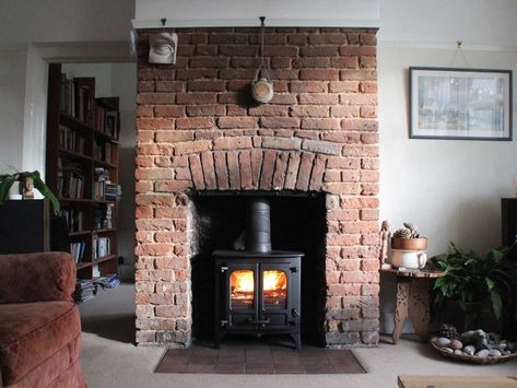 Tiled Hearth, Exposed Brick Fireplaces, Wood Burning Stoves Living Room, Log Burner Living Room, Red Brick Fireplaces, Brick Hearth, Classic Fireplace, Wood Burning Stoves, Brick Chimney