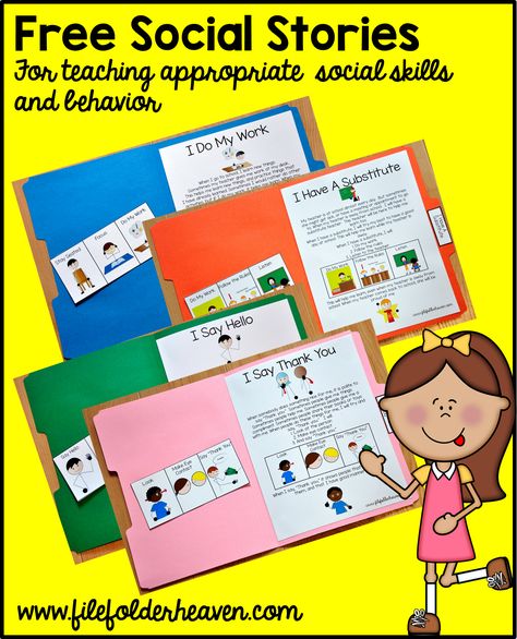 Free, printable "folder stories."  Simple one page social stories that teach appropriate social skills and behavior. Printable Folder, Elementary Special Education Classroom, Social Skills Lessons, Social Skills Groups, Special Education Elementary, Social Skills Activities, Teaching Social Skills, Social Thinking, School Social Work