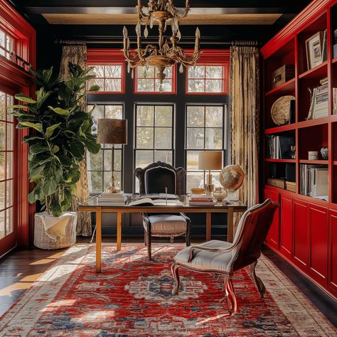 Red Boho Home Office Concept Red Boho Decor, Red Office Decor Ideas, Office Color Palette, Bohemian Home Office, Boho Home Office, Office Concept, Office Vibes, Red Desk, Home Office Man