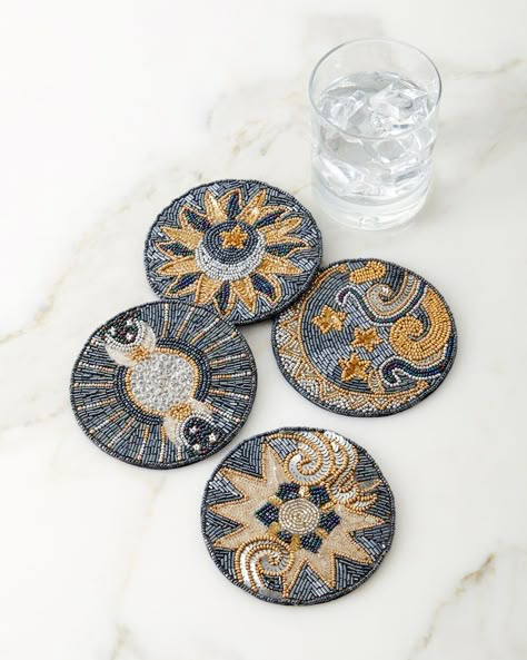 Beaded Coasters, Embroidered Coasters, Celestial Gifts, Kim Seybert, Beaded Things, Tambour Embroidery, Train Journey, Bead Embroidery Jewelry, Hand Embroidery Art