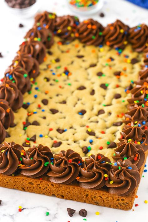 Thick Cookie Cake, Chocolate Chip Cookie Sheet Pan, Cookie Cake Sheet Pan, Cookie Cake Recipe Sheet Pan, Chocolate Chip Cookie Cake Birthday, Sheet Pan Cake Recipes, Sheet Pan Cookie Cake, Cookie Cake Frosting, Decorated Cookie Cake