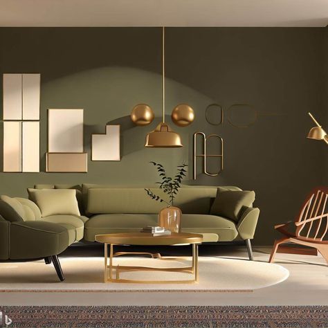 Olive green living room, mid century furnish created by bing create image Olive Green Home Decor Colour Palettes, Olive Green Color Palette Bedrooms, Olive Sitting Room, Olive Green Sitting Room, Dark Olive Green Living Room, Olive Green And Gold Living Room, Olive Green Walls Living Room, Overtly Olive Living Room, Olive Sofa Living Room Ideas