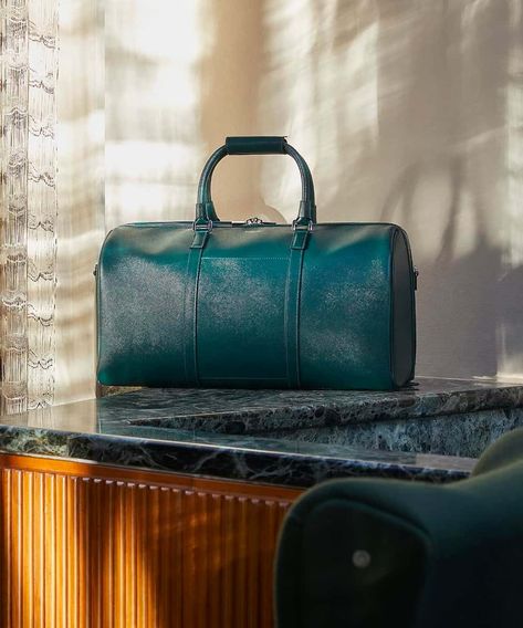 Luxury blue grain leather weekender on marble counter. This image was included in the article: The Ultimate Guide To Men’s Weekender Bags, on MensFlair.com Leather Weekender Bag For Men, Mens Weekender Bag, Mens Weekend Bag, Canvas Weekender Bag, Leather Holdall, Weekender Bags, Leather Weekender Bag, Leather Weekender, Marble Counter