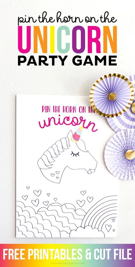 See this tutorial and download the FREE Cricut Cut Files for this Pin the Horn on the Unicorn Party Game. This new take on a classic game is a huge hit! Pin The Horn On The Unicorn Printable, Unicorn Party Games, Unicorn Sleepover, Pin The Horn On The Unicorn, Rainbow Unicorn Party, Free Cricut, Unicorn Party Decorations, Party Printables Free, The Horn