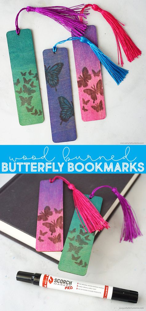 Butterfly Wood Burned Bookmarks #diybookmark #scorchmarker @scorchmarker #bookmark #woodburning #bookmarks #woodcrafts #woodburn Woodburning Bookmarks, Winged Stencil, Wood Bookmark, Wooden Butterfly, Butterfly Stencil, Wood Burn Designs, Tassel Bookmark, Craft Activities For Kids, Crafts For Teens