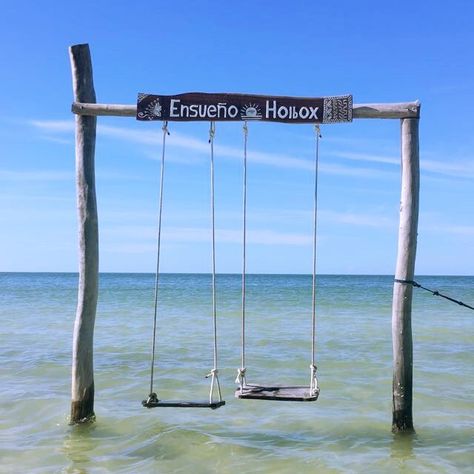 Carolinda Beach Club swings over ocean Lake Landscaping, Maya Blue, Holbox Island, Koh Samui Beach, Lake Activities, Whispering Pines, Mexico Trip, Beach Bbq, Beach Cabana