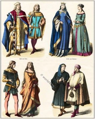 14th century clothing. Middle ages gothic costumes. Court dress, Gown of German nobility. Medieval fashion ideas 14th Century Fashion, 14th Century Clothing, Court Attire, German Costume, Gothic Costume, Medieval Garb, German Outfit, Medieval Clothes, German Fashion