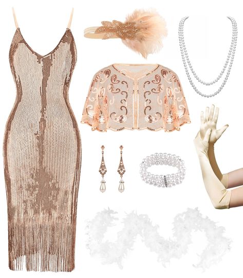 PRICES MAY VARY. Package Included 8Pcs-1 x sequin flapper dress, 1 x sequin Lace Shawl, 1 x feather boa, 1 x long satin gloves,1 xfeather headband, 1 x pearl necklace, 1 x earrings, 1 x pearl bracelet. Stunning Sequin Dress-This 1920s flapper outfit is made of a lightweight stretchy sequin material with subtle lining for a flirty look. The deep V-neck and a sultry V-back complete the sleek and chic silhouette of this sequin fringe dress. Best of all, a dazzling sequins cascade down to a fringed Roaring 20s Long Dress, Harlem Nights Theme Party Fashion Outfit, Modern Gatsby Outfit Women, 1920s Gatsby Outfit, Speakeasy Party Outfit, Roaring 20s Dress To Impress, 20s Fashion Gatsby, Harlem Nights Attire, 1920s Dress To Impress