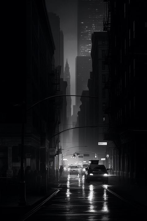 Introducing our stunning, instant-download image capturing the essence of New York City's rainiest streets! This unique artwork transports you to a bygone era, immersing you in a noir atmosphere with a photo-realistic touch. Gaze upon the misty, chiaroscuro-filled scene and let your mind wander through the puddle-laden streets and past the hazy corners of this urban jungle. The dramatic interplay of light and dark expertly captures the true ambiance of NYC under a veil of rain. Dusty piles and shadowy figures blend effortlessly with the misty atmosphere, creating an air of mystery that's sure to leave a lasting impression. Add a touch of timeless elegance and sophistication to your home or office with this striking, noir-inspired piece. Bring the captivating allure of New York City into yo Noir City Art, Dark New York, Black And White Rain, Noir City, Chiaroscuro Lighting, Noir Photography, Noir Aesthetic, Rainy Street, Chiaroscuro Art