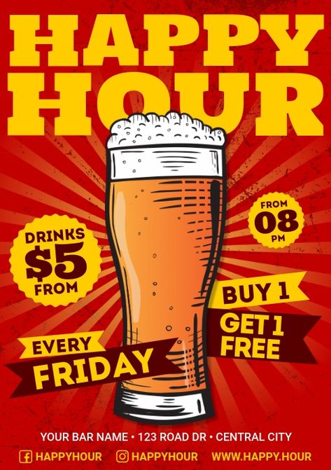 HAPPY HOUR POSTER Happy Hour Poster, Well Drinks, Food Flyer Design, Video Designer, Beer Festival Poster, Beer Promotion, Boho Bar, Graphic Video, Restaurant Poster