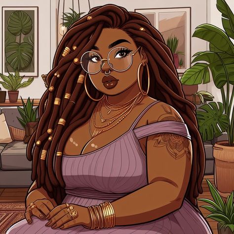 Cartoon With Locs, Plus Size Black Women Art, Plus Size Cartoon Art, Chubby Female Character Art, Black Powerpuff, Black Animation, Game Pfp, Oshun Goddess, Feminine Wallpaper