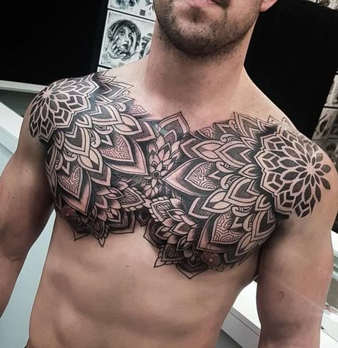 Mandala Chest Tattoo, Tato Mandala, Chest Tattoo Drawings, Geometric Chest, Full Chest Tattoos, Cool Chest Tattoos, Pieces Tattoo, Chest Tattoos For Women, Chest Piece Tattoos