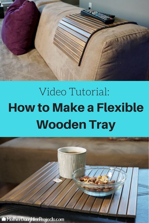 Video tutorial on how to make this easy foldable wood tray. Great to make a solid surface for a coffee table or sofa! Diy Wood Tray, Diy Mat, Couch Tray, Couch Arm Table, Sofa Arm Table, Wooden Couch, Couch Diy, Wood Projects For Beginners, Woodworking Projects For Kids