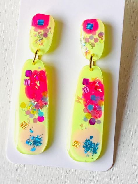 Earring Packaging, Colorful Earrings, Resin Earrings, Neon Yellow, Resin Jewelry, Statement Earrings, Jewelry Earrings Dangle, Abstract Art, Dangle Earrings