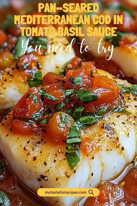 This Pan-Seared Mediterranean Cod in Tomato Basil Sauce is a mouthwatering dish full of vibrant flavors. The tender cod is seared to perfection, then smothered in a rich, savory tomato basil sauce that’s sure to impress. Serve with a side of roasted veggies for a complete meal. Cod In Tomato Sauce, Pan Seared Cod, Mediterranean Cod, Seared Cod, Quick Sandwiches, Tomato Basil Sauce, Basil Sauce, Meal Prep Bowls, Pan Seared