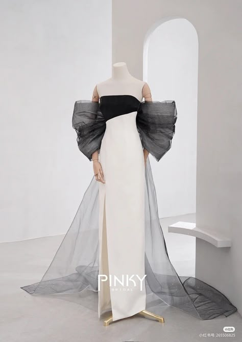 Timeless Evening Gown, Haute Couture Dresses 2023, Black And White Gown Elegant, Black And White Gala Outfit, Korean Gowns Dresses, Kasut Pengantin, Black And White Gown, Outfit Ideas 2023, Outfit Ideas Trendy