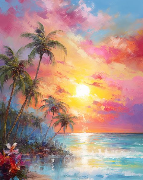 Tropical Beach Painting, Beach Oil Painting, Landscape Painting Tutorial, Landscape Paintings Acrylic, Landscape Art Painting, Cute Paintings, Artistic Style, Aesthetic Painting, Beach Painting