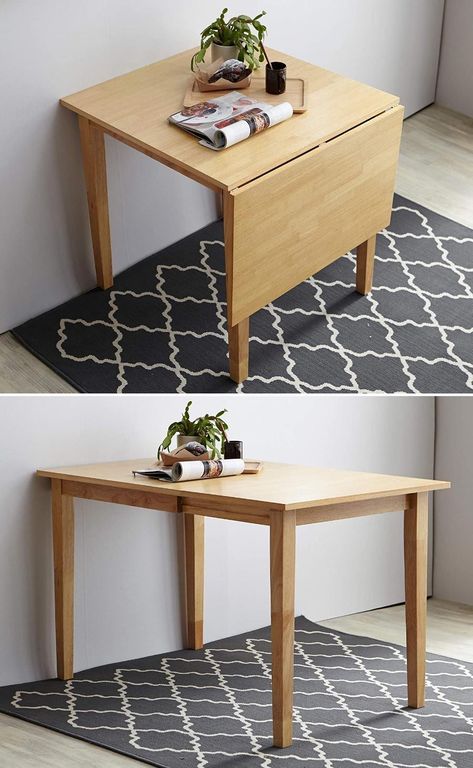 A space-saving table for two (or more) coming up.This drop leaf table is a perfect addition to a small apartment. It takes up minimal space but can comfortably seat two people.But if you decide to have some people over, you can extend its length from 30 to 47 inches. This way you'll be able to accommodate up to 6 people in no time.Plus, this minimalistic solid wood table will perfectly suit any interior. #spacesaver #smallspaceliving Diy Dining Table Small Space, Table For 6 In Small Space, Transforming Tables Small Spaces, Dinner Table For Small Apartment, Dinner Table For Small Space, Table And Chairs For Small Spaces, Kitchen Table For Small Spaces, Small Room Table, Unique Study Table