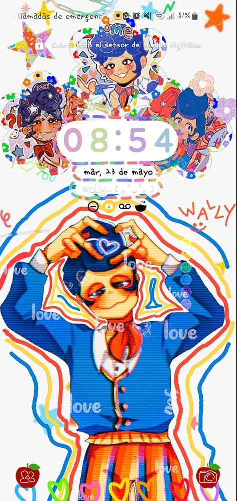 Made in Picsart! If you want the wallpaper take a look at my profile, you can find it in "My Wally Darling Theme" <3 Wally Darling Wallpaper, Darling Wallpaper, Kidcore Rainbow, Samsung Aesthetic, Welcome Home Posters, Welcome Home Images, Silly Puppets, Clown Illustration, Wally Darling