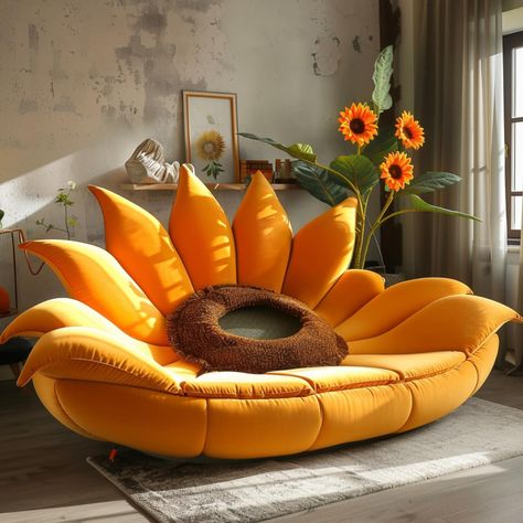 The sunflower couch is a vibrant and inviting piece of furniture that instantly brightens any room with its cheerful design. Inspired by the sunny disposition of sunflowers, this couch typically features a bold yellow color that radiates warmth and positivity. Its distinctive appearance often includes large, plush cushions that offer comfort alongside style. The sunflower couch serves as a focal point in contemporary decor, adding a touch of whimsy and elegance to living spaces while creating... Fruit Couch, Sunny Aesthetic, Sunny Disposition, Truth And Dare, The Sunflower, Contemporary Decor, Yellow Color, Focal Point, Sunflower