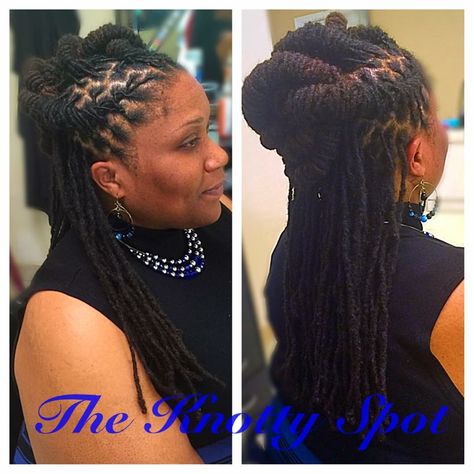 Loc Style Styled By: Maquita James Call (803)-237-1894 or Book a consultation online at: www.styleseat.com/theknottyspot  #dreadstyles #dreadlockstyles #theknottyspot #styles #masterloctician #locs #locstyles #twist #barrels #barreltwist #barreltwistupdo @drginabelle Up And Down Loc Styles, Long Locs Updo Styles Black Women, Basic Loc Styles For Women, Half Up Half Down Loc Styles, Lock Styles, Dreadlocks Styles, Short Dreadlocks Styles, Dreads Styles For Women, Dread Styles