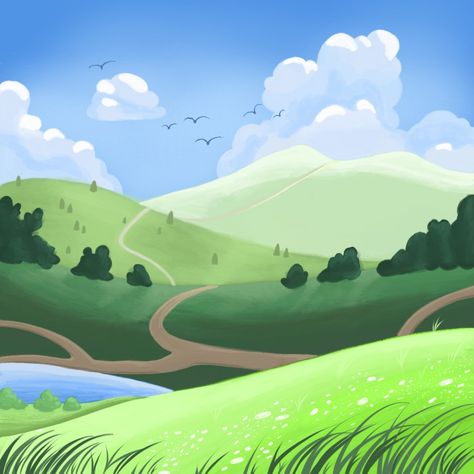 Background Train, Hills Background, Hills Illustration, Sun Bear, Castle Backdrop, Grass Painting, Concept Sketches, Train Table, Bg Design