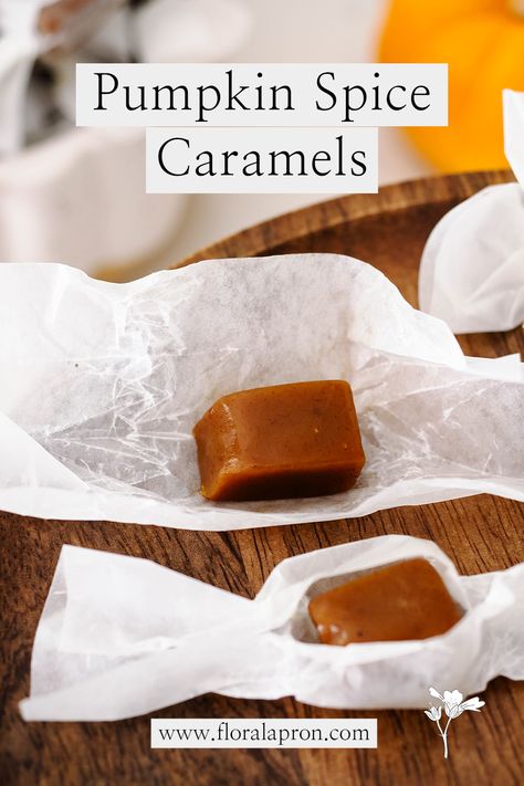 An unwrapped pumpkin spice caramel on wax paper. Soft Caramels Recipe, Homemade Caramels, Pumpkin Pie Ice Cream, Pumpkin Ice Cream, Homemade Pumpkin Spice, Soft Caramel, Pumpkin Caramel, Copper Kettle, Caramel Recipes