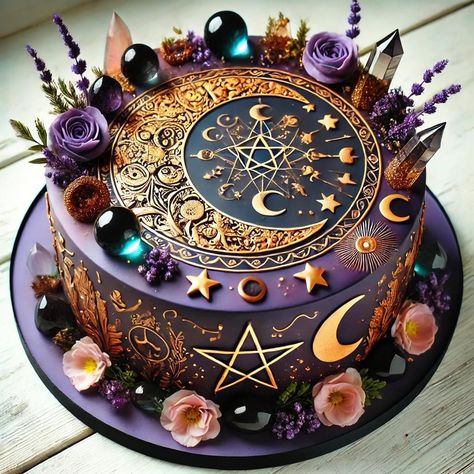 Spiritual Cakes Birthday, Witchy Cake Birthdays, Dark Cakes Design, Pagan Cake, Tarot Card Cake, Dark Cake Aesthetic, Witchy Wedding Cake, Universe Cake Ideas, Sun And Moon Cake