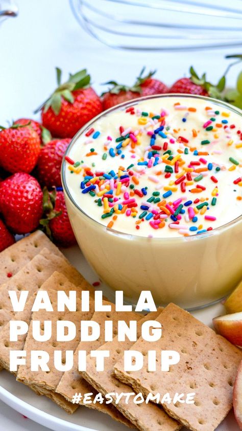 This Vanilla Pudding Fruit Dip is an kid friendly party recipe. This easy to make recipe is perfect for a study snack or for your next party. Use your favorite fruits or crackers with this sweet dip. Vanilla Pudding Fruit Dip, Pudding Fruit Dip, Funfetti Cake Dip, Easy Vanilla Pudding, Creamy Dessert Recipes, Sweet Dip, Vanilla Pudding Recipes, Easy Fruit Dip, Kid Friendly Party