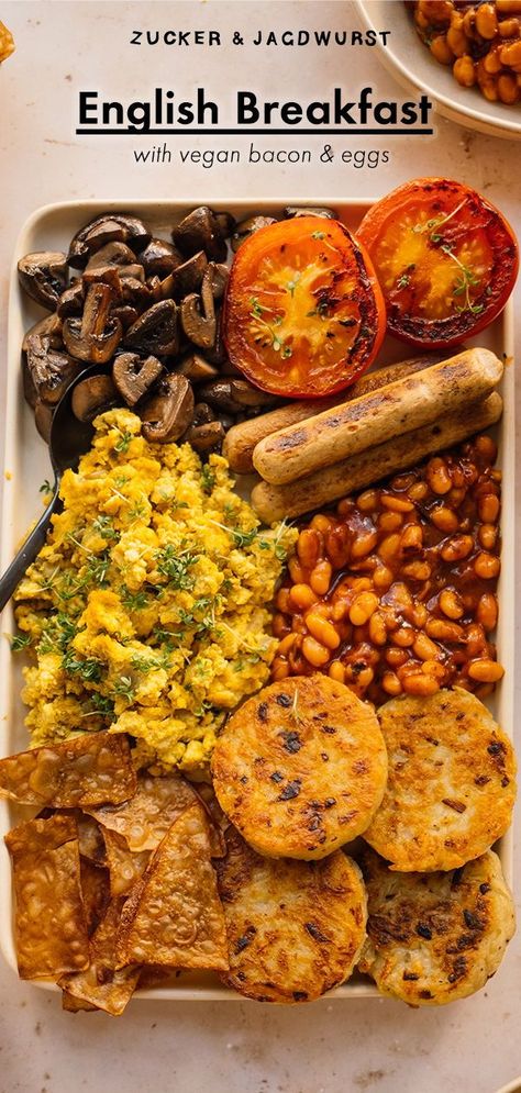 English Breakfast Mushrooms, Vegetarian English Breakfast, Rice Paper Bacon, Vegan Scrambled Eggs, Baked Beans Vegan, Breakfast Beans, British Breakfast, Mushroom Breakfast, Tomato Breakfast