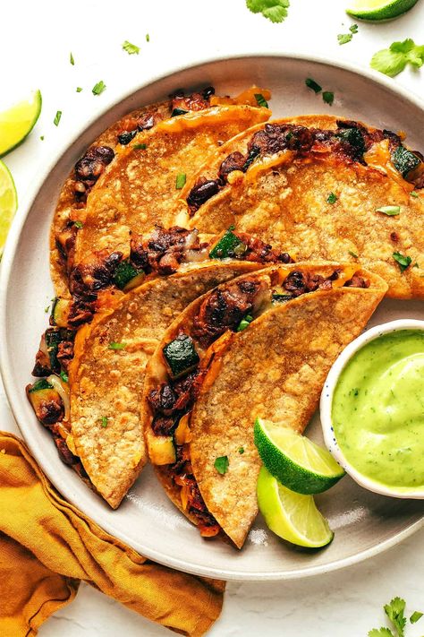 Crispy Zucchini Black Bean Tacos - Gimme Some Oven Zucchini Tacos, Tortillas Recipes, Crispy Black Bean Tacos, Crispy Black Bean, Avocado Dipping Sauce, Vegetarian Tacos Recipes, Crispy Zucchini, Mediterranean Cooking, Black Bean Tacos