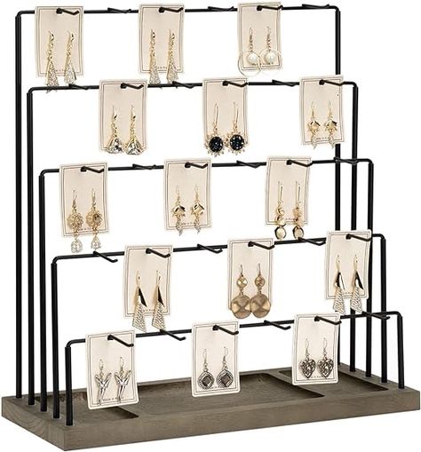 5 tier stand with 30 hooks. The tower design provides great visibility and makes your earrings an awesome focal point. Perfect for vendor tables or for home. 100% solid wood and matte metal, the rustic wooden display stand with farmhouse style. Easy assembly. Earring or cards not included. #earringdisplay #farmhouse #vendor #vendortable #display #earrings Earring Rack, Earring Card Display, Wooden Jewelry Display, Stand Jewelry, Wooden Display Stand, Earring Display Stands, Jewelry Display Stands, Earring Stand, Hanging Jewelry